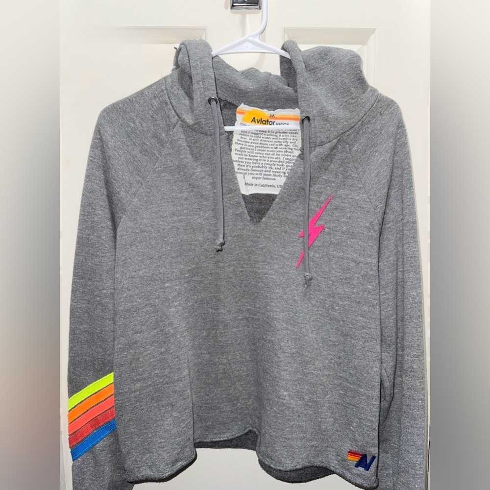 Aviator Nation Gray Cowl Neck Sweater with Rainbow Accents - Picture 2 of 3